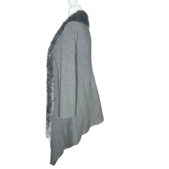 Lauren Michelle Gray Knit Open Front Cardigan XL Metallic Silver Faux Fur Trim - Picture 3 of 7